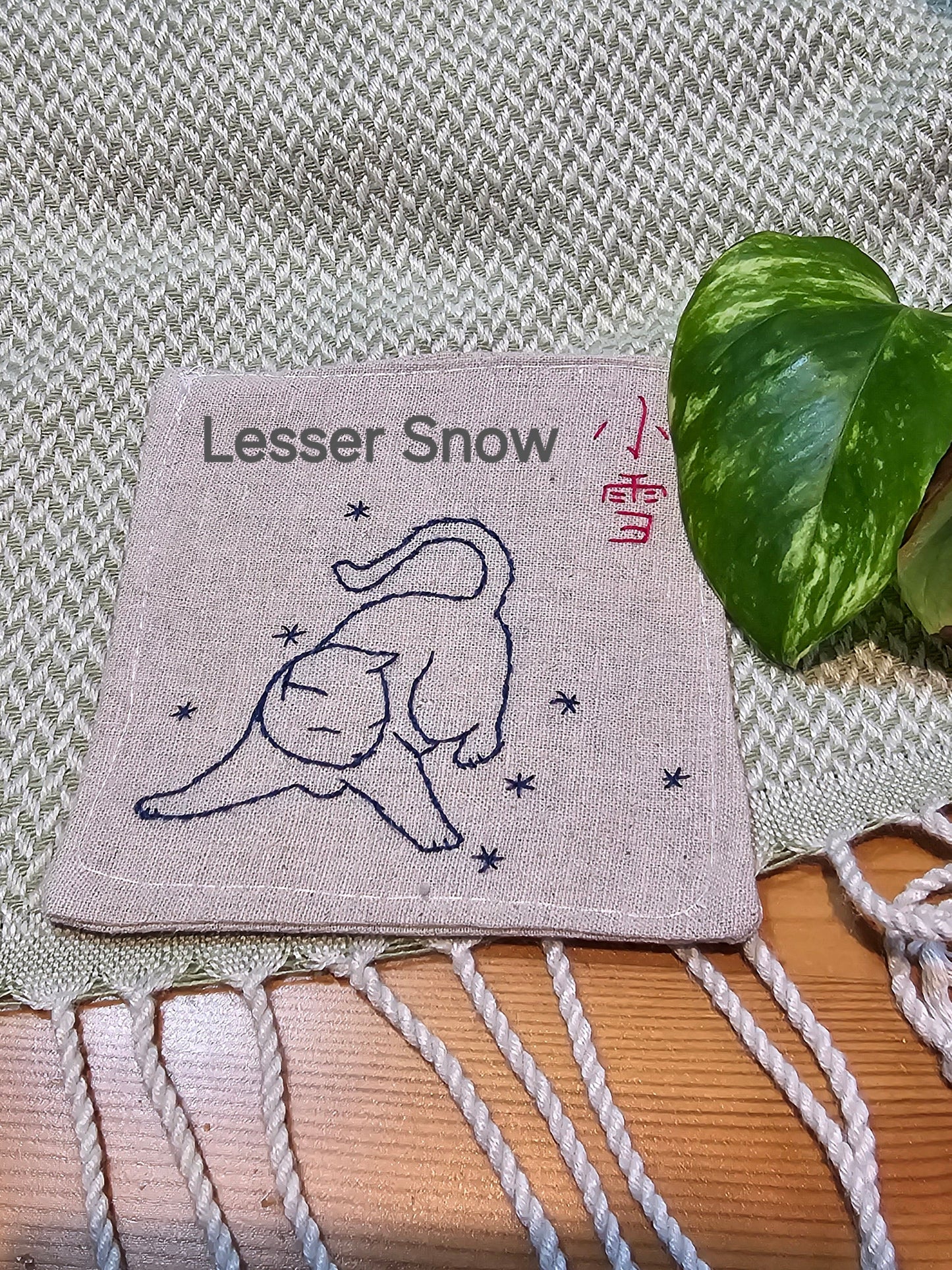 Hand Embroidered Linen Cat Coasters – Chinese Solar Terms, Set of 6