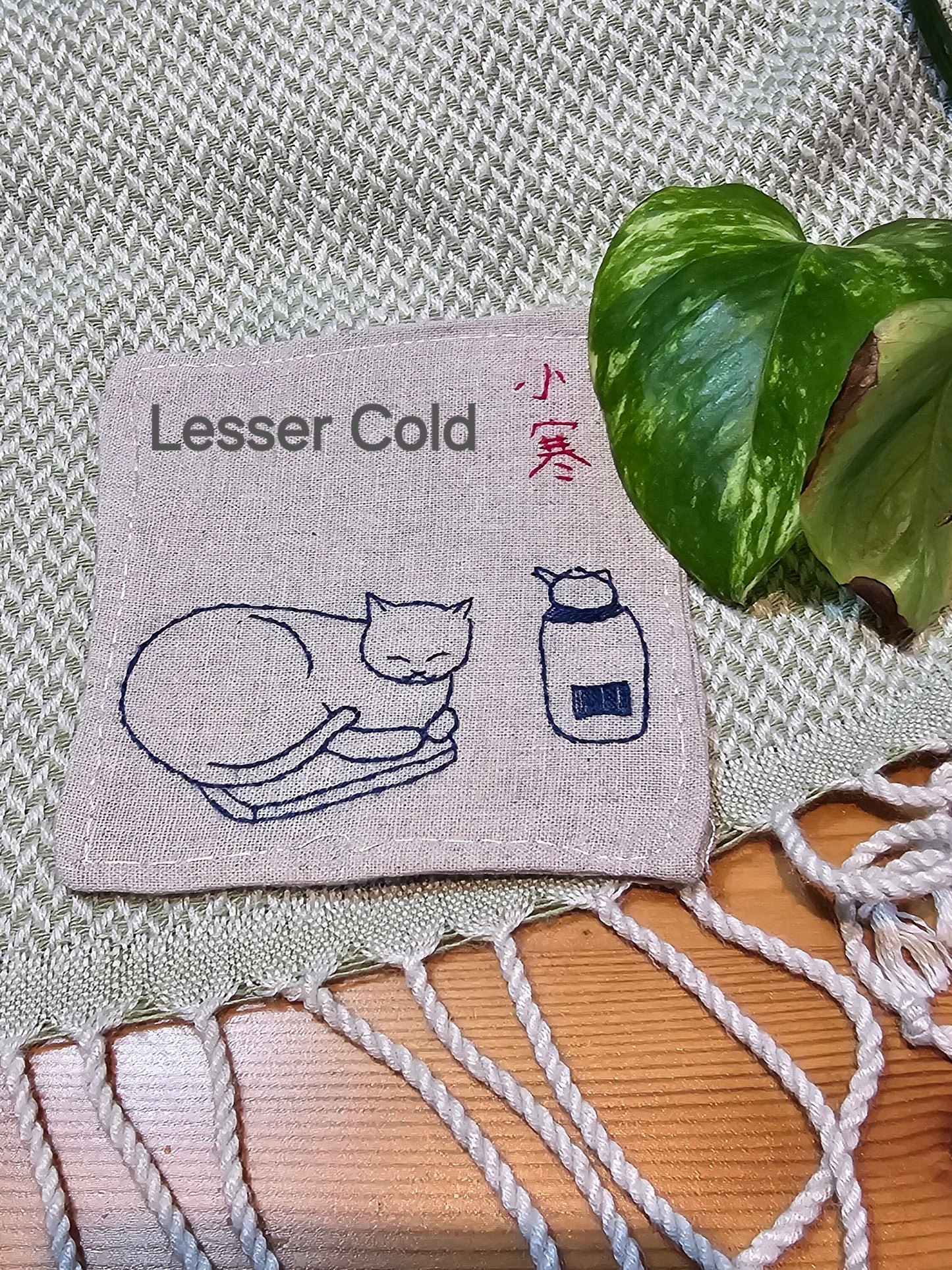 Hand Embroidered Linen Cat Coasters – Chinese Solar Terms, Set of 6