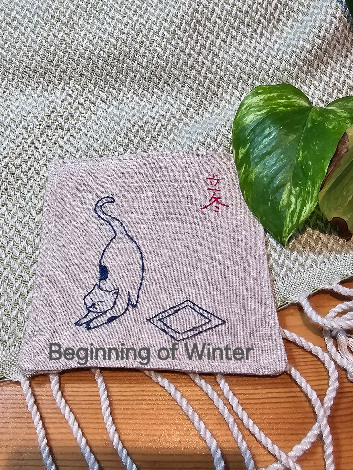 Hand Embroidered Linen Cat Coasters – Chinese Solar Terms, Set of 6