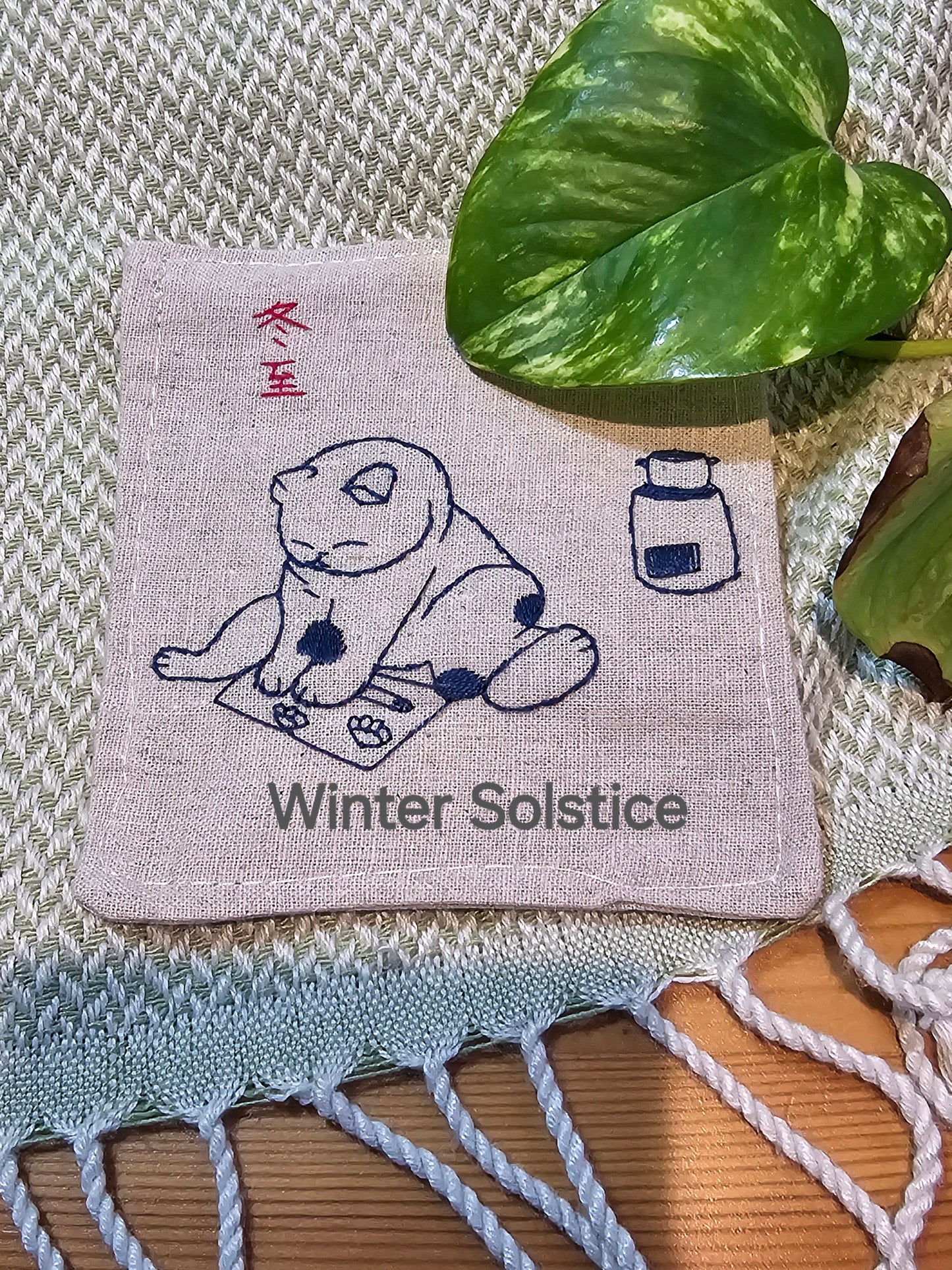 Hand Embroidered Linen Cat Coasters – Chinese Solar Terms, Set of 6