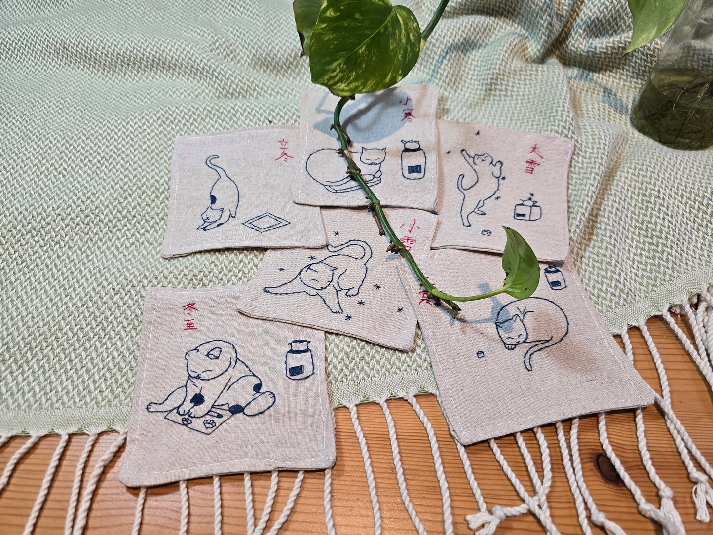 Hand Embroidered Linen Cat Coasters – Chinese Solar Terms, Set of 6