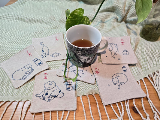 Unique Winter Cat Coasters Featuring Chinese Solar Terms - Hand Embroidered Home Decor (Set of 6)